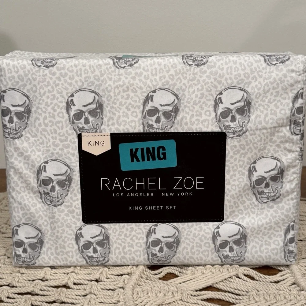 Rachel Zoe Skull King Size Sheet Set Leopard Cheetah Halloween Print Gray NEW